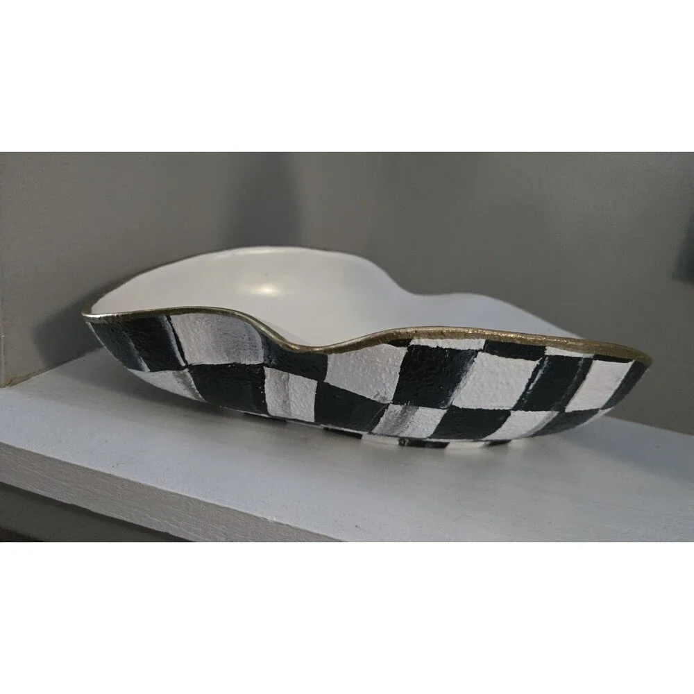 My Own B&W Whimsical Checkerboard Inspired Hand-Painted Abstract Bowl Dish